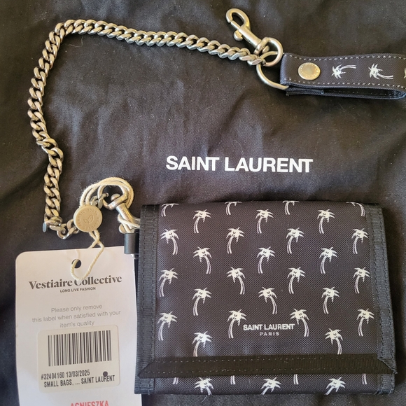 Saint Laurent Black Wallet with White Palm Tree Print and Silver Chain